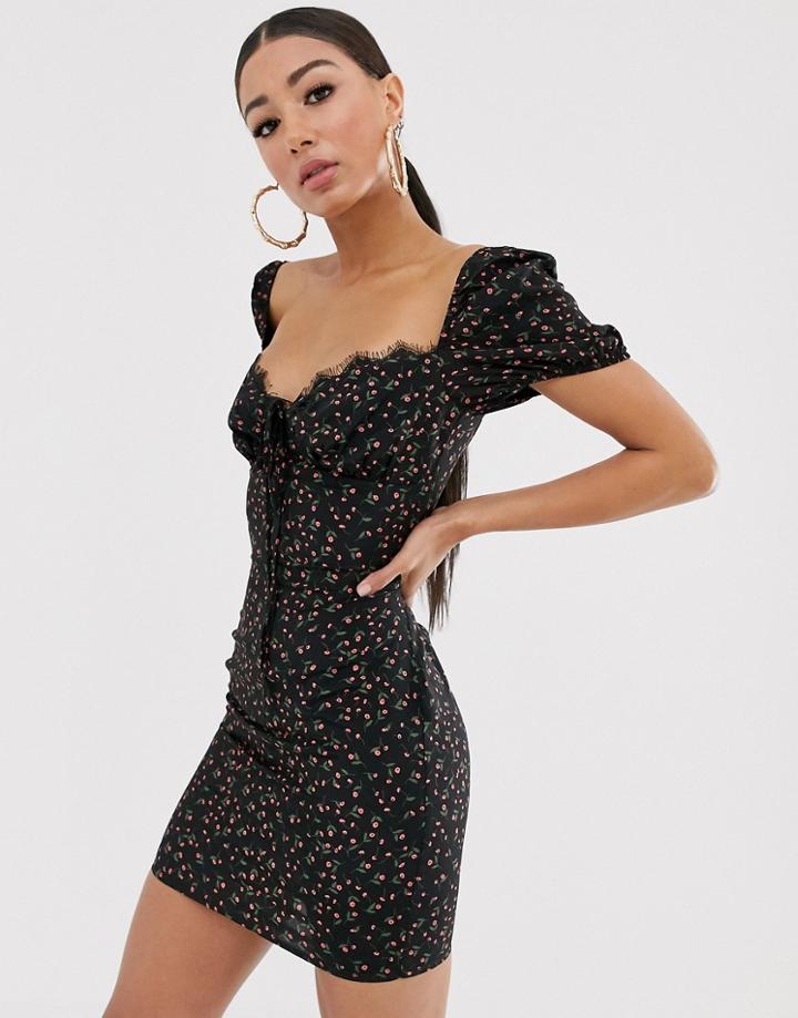 Koco & K Gathered Neck Bardot Printed Mini Dress In Multi Print - Multi