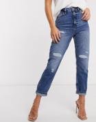 River Island Carrie Ripped High Rise Mom Jeans In Mid Auth Blue-blues