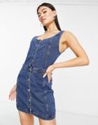 Threadbare Button Through Denim Mini Dress In Mid Blue