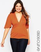 Asos Curve Top With V Neck And 70's Sleeve - Tobacco