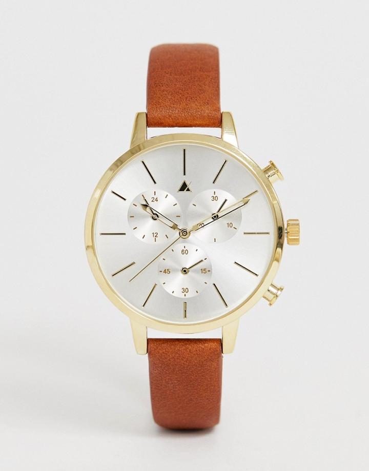Asos Design Leather Watch With Triple Subdial Detail And Tan Strap - Pink