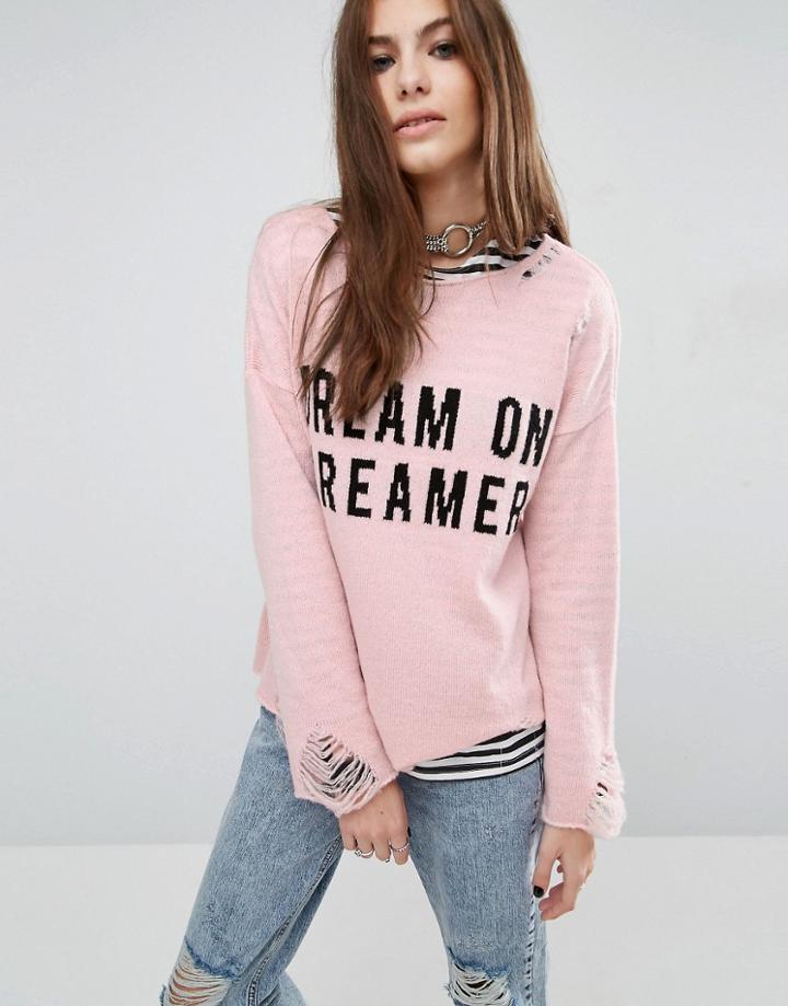 Reclaimed Vintage Distressed Sweater With Dream On Dreamer Slogan - Pu