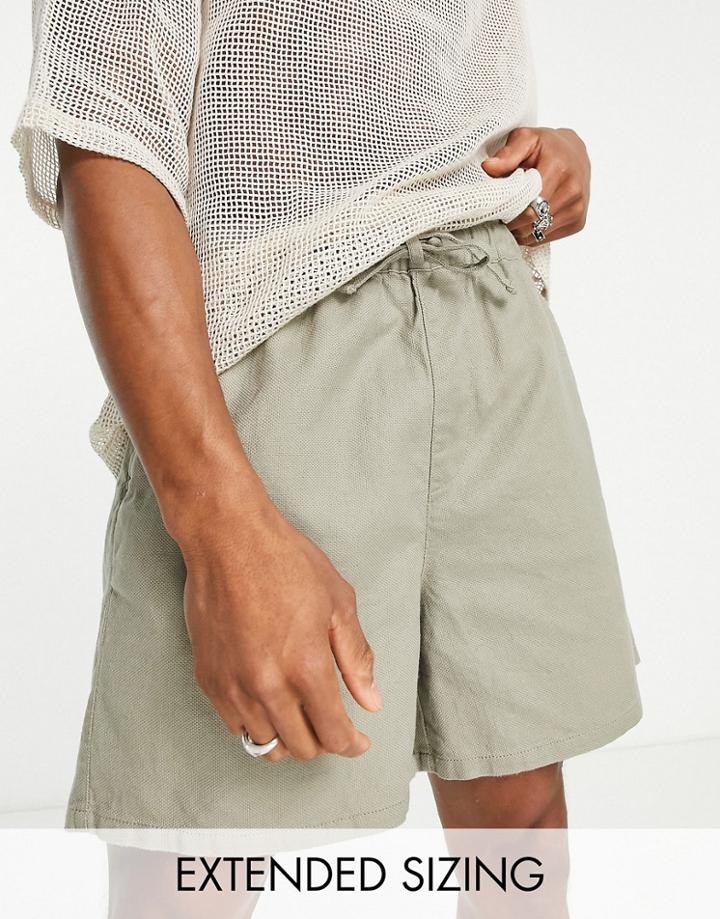 Asos Design Linen Mix Wide Shorts With Pin Tuck In Light Khaki-green