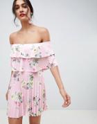 Asos Design Double Ruffle Bardot Pleated Mini Dress-multi