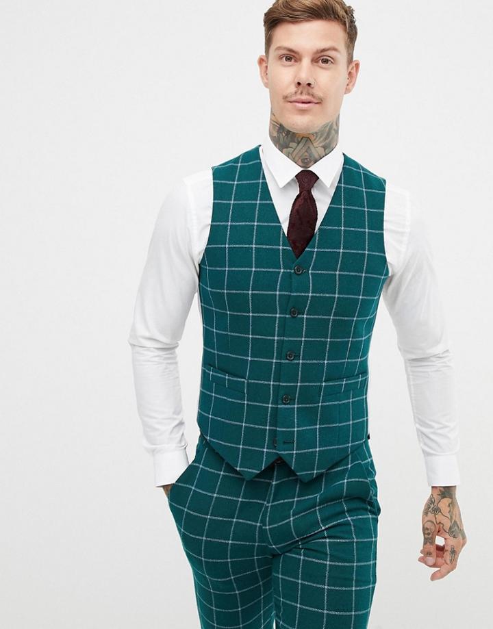 Asos Design Skinny Suit Vest In Forest Green Windowpane Check - Green