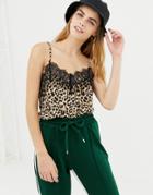 Pull & Bear Leopard Cami With Eyelash Trim - Brown