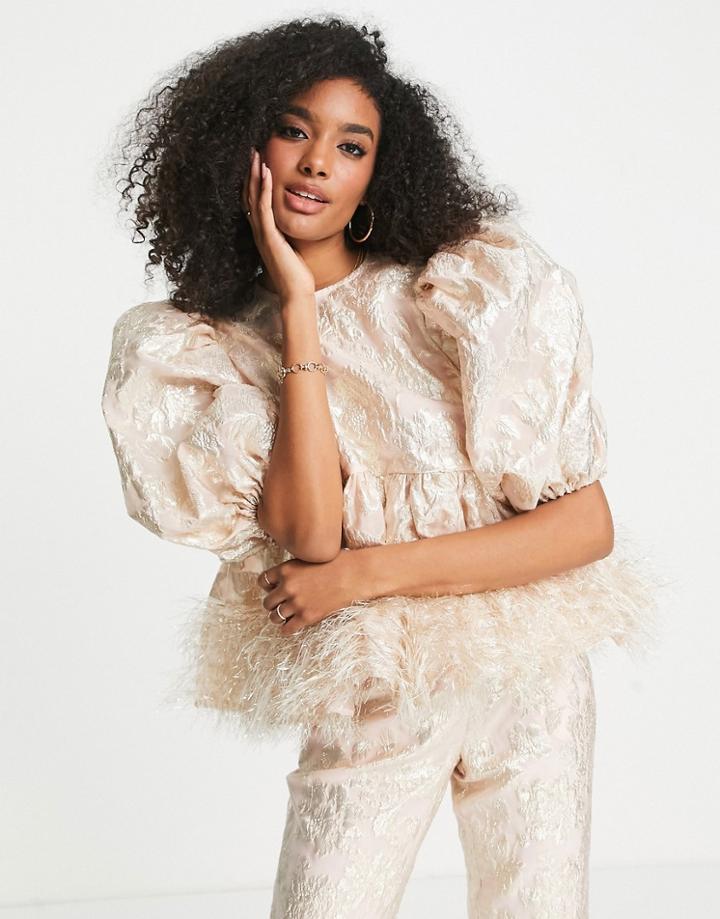 Asos Edition Metallic Jacquard Smock Top With Tinsel Fringe Hem In Blush-pink