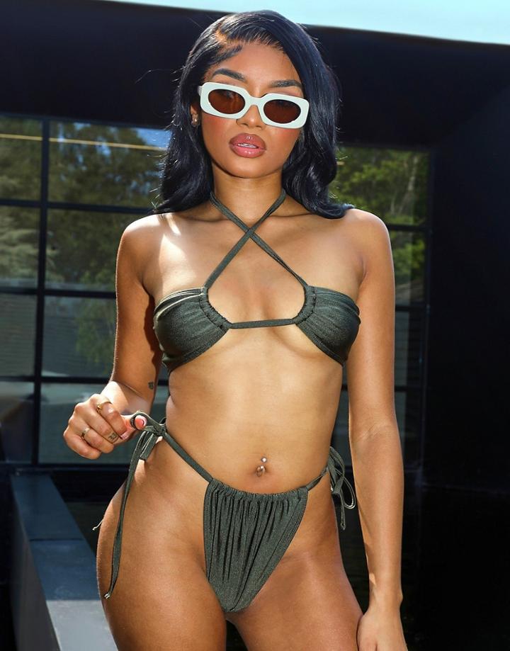 Public Desire X Kenza Cross Front Bandeau Bikini Top In Khaki-green