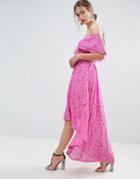 Asos Salon Cross Bardot Lace Dip Back Midi Dress - Blue