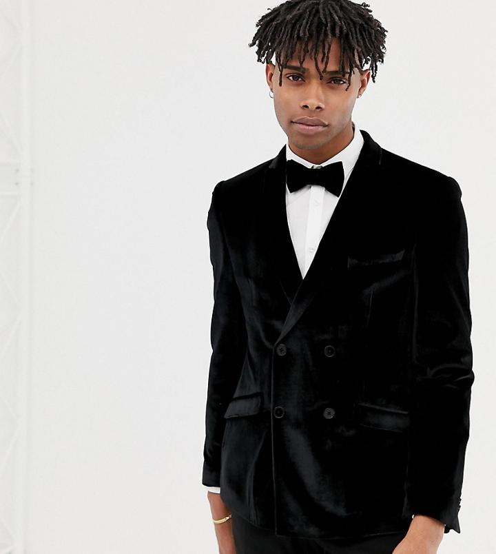 Heart & Dagger Skinny Velvet Double-breasted Blazer In Black - Black