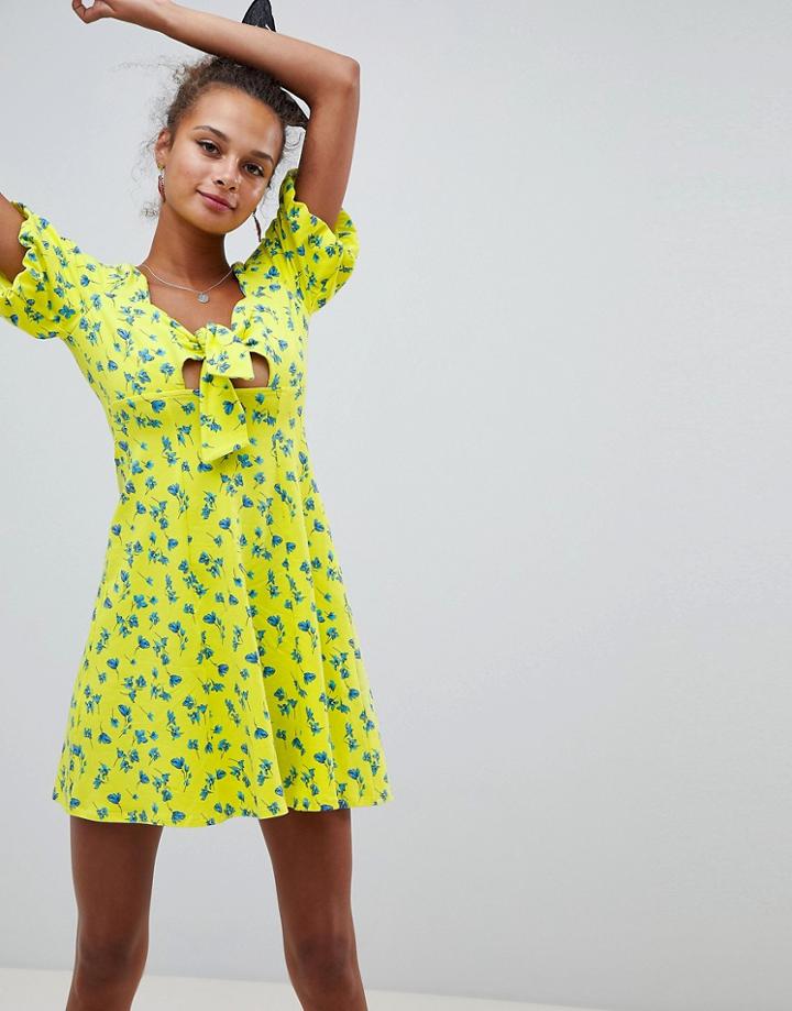 Asos Design Bubble Sleeve Tie Front Skater Sundress - Multi