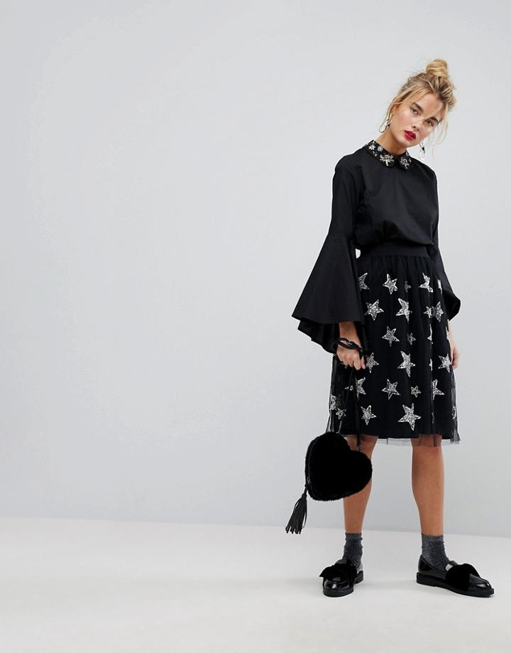 Essentiel Antwerp Star Embroidered Tulle Midi Skirt - Black