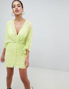 Asos Design Super Mini Kimono Dress In Sequin - Green