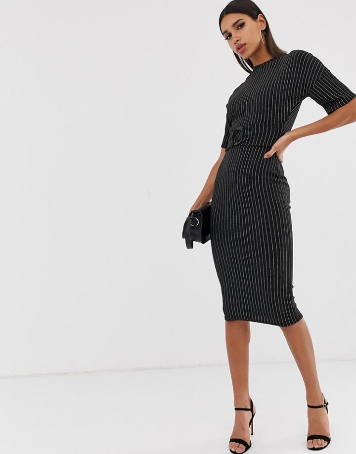 Asos Design Pinstripe Rib Midi Dress With Ring Detail - Multi