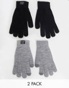 Jack & Jones 2 Pack Knitted Gloves In Black And Gray-multi