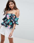 Asos Design Scuba Off Shoulder Pep Hem Top In Black Floral Print - Multi
