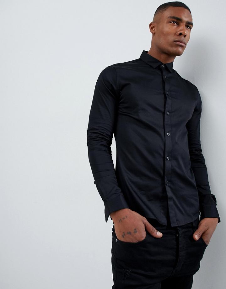 Asos Design Skinny Fit Sateen Shirt With Turned Back Placket In Black - Black