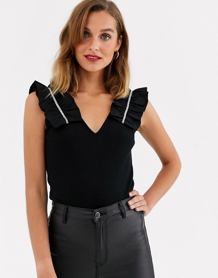River Island Top With Ruffle Straps And Rhinestone Details In Black