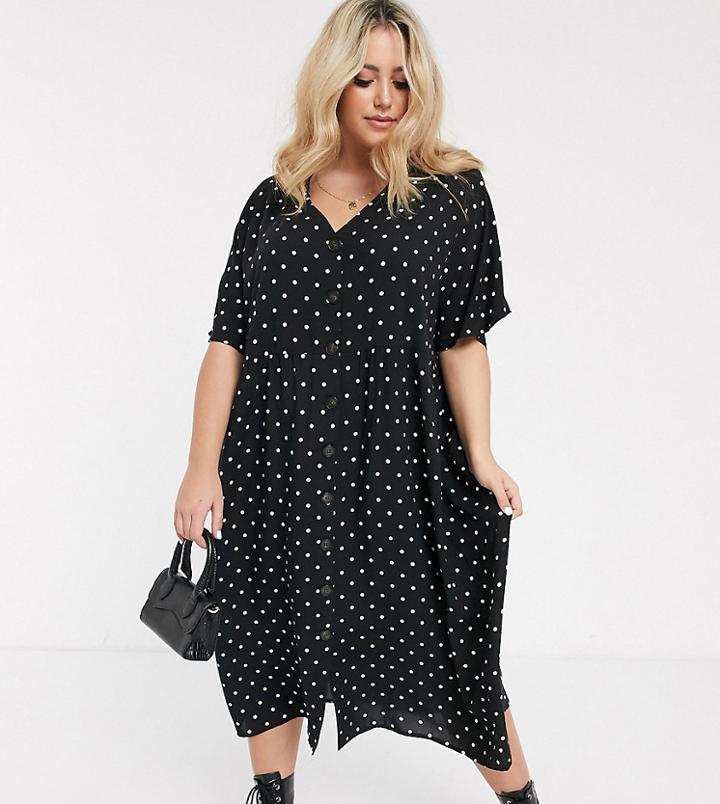 Asos Design Curve V Neck Button Through Midi Smock Dress In Spot-multi