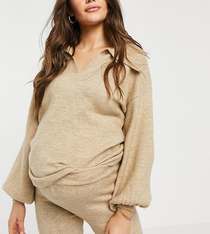 Asos Design Maternity Sweater With Open Collar Detail In Oatmeal - Part Of A Set-neutral