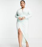 John Zack Plus Wrap Ruched Dress In Pale Green