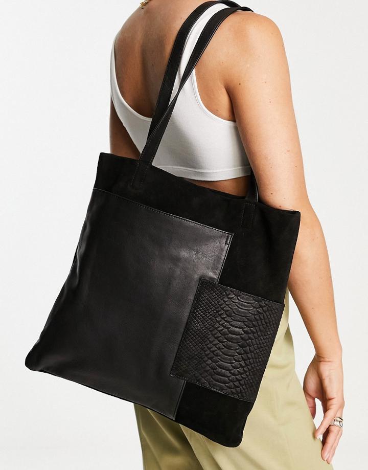 Urbancode Leather Suede Pocket Detail Tote In Black