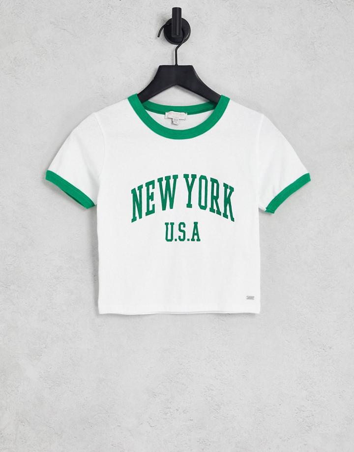 Pull & Bear New York Slogan Cropped T-shirt In White