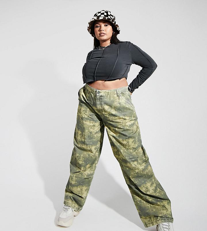 Asos Design Curve Slouchy Knee Dart Utility Pant In Camo-green