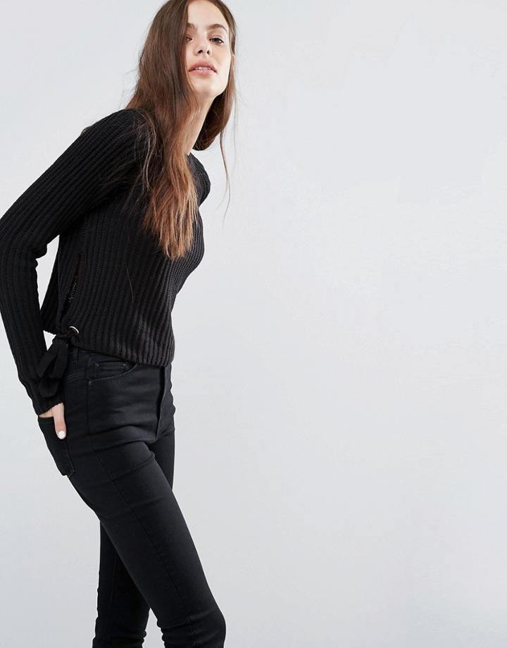 Brave Soul Tie Side Cropped Jumper - Black