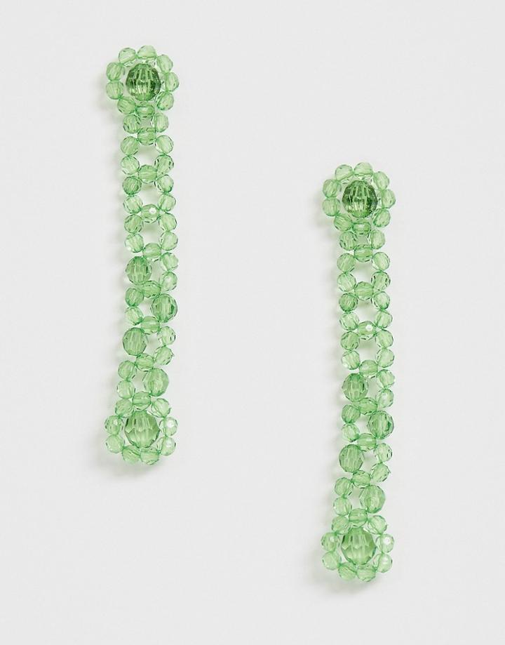 Asos Design Earrings In Floral Style Plastic Bead Strand In Green