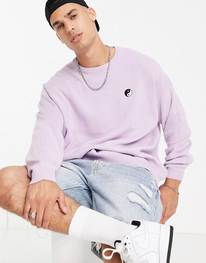 Asos Design Knitted Sweater With Embroidered Yin Yang In Lilac-purple