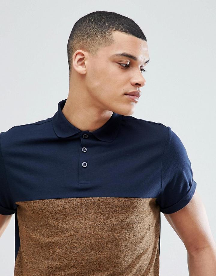 Asos Design Polo Shirt With Contrast Yoke And Roll Sleeve In Twisted Jersey - Blue