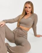 Sixth June Long Sleeve V-neck Crop Top In Khaki-green