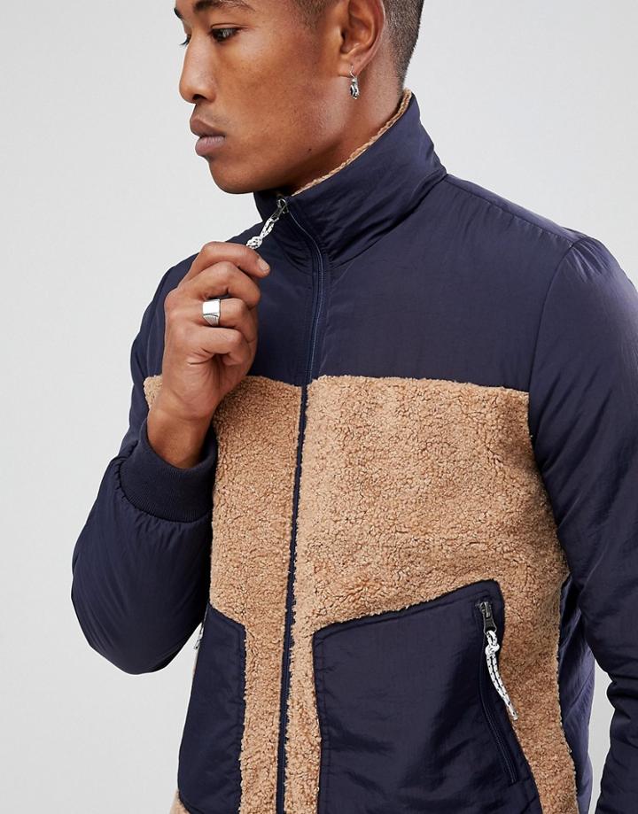 Asos Bomber Jacket With Borg In Navy - Navy