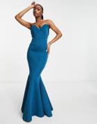 Asos Design Fishtail Sweetheart Neck Maxi Dress In Blue