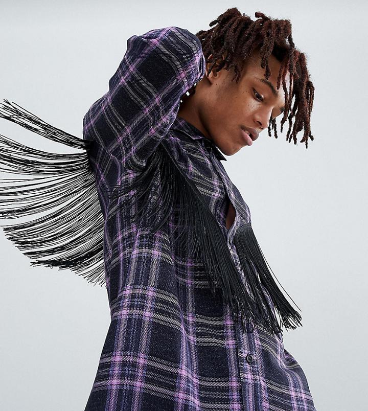 Reclaimed Vintage Inspired Festival Check Shirt With Fringing - Purple