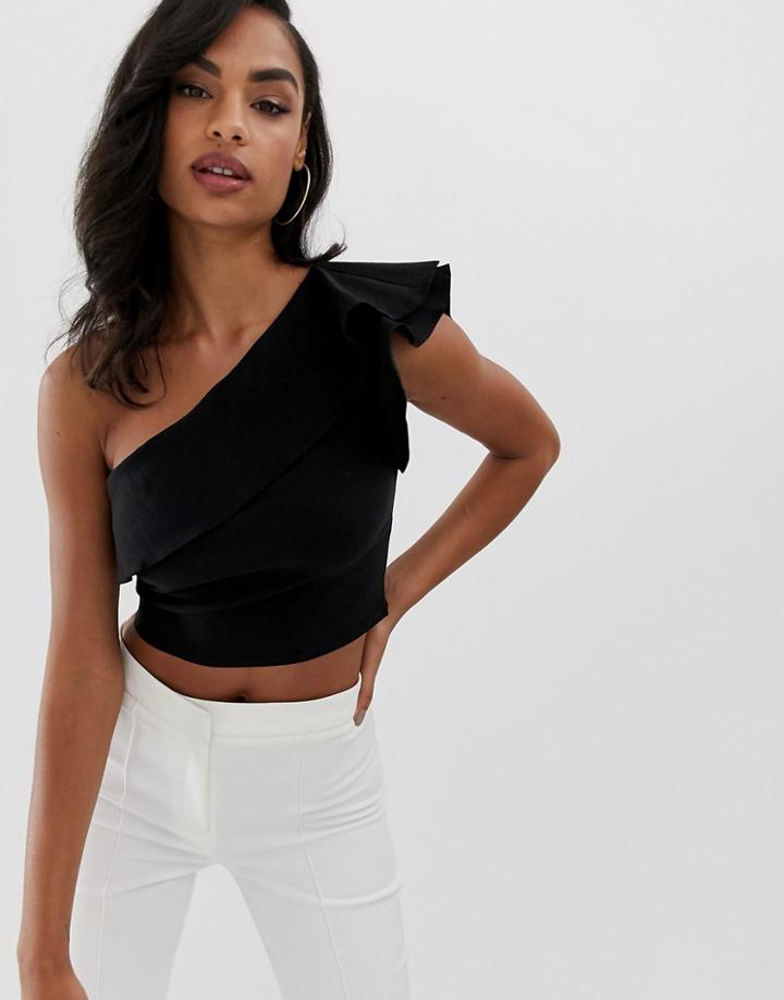 Vesper One Shoulder Crop Top With Frill Detail In Black