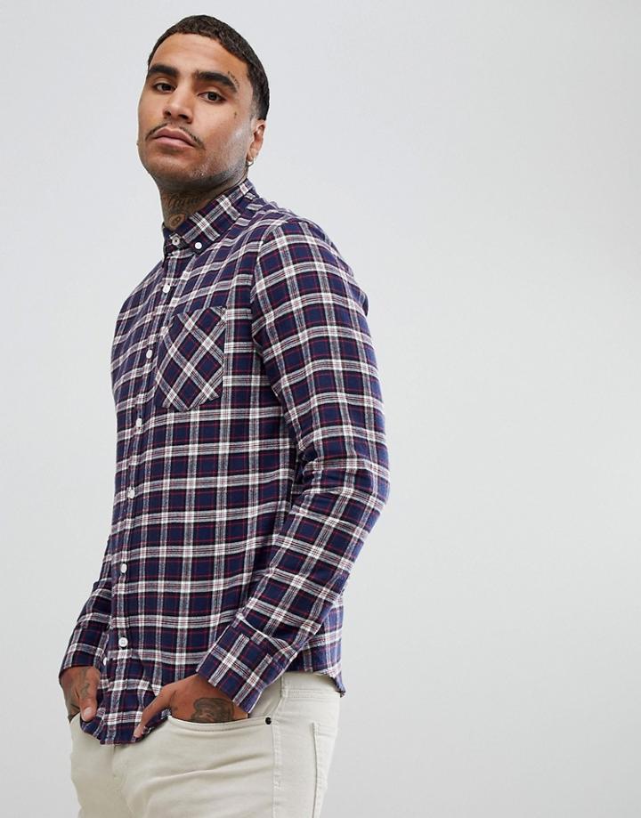 Original Penguin Buttondown Flannel Check Shirt Heritage Slim Fit Tonal Logo In Navy - Navy