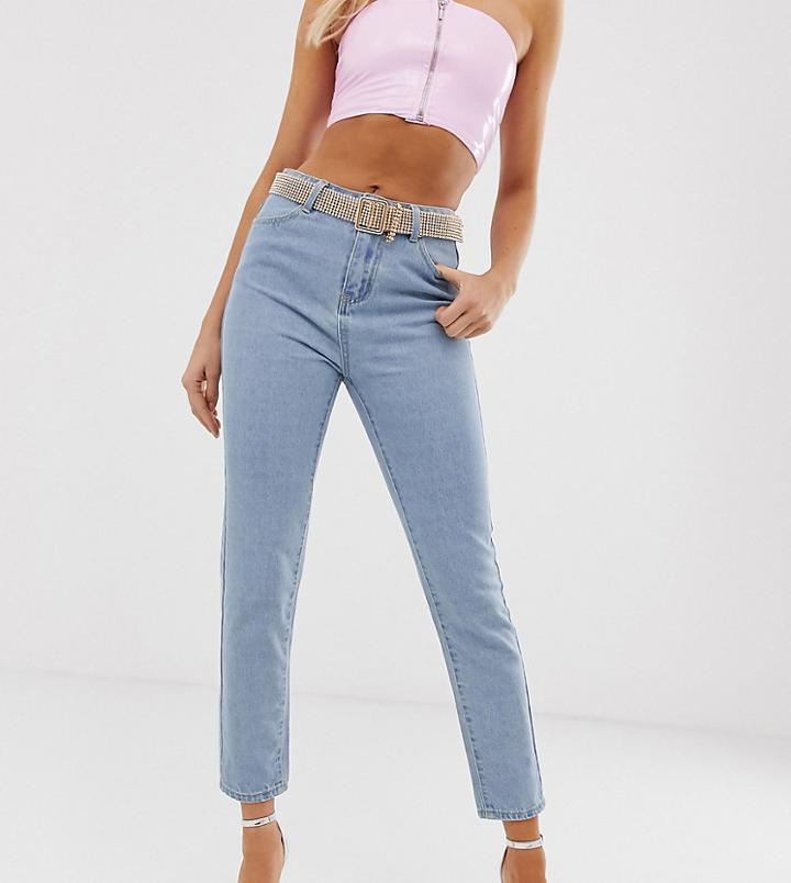 Liquor N Poker High Waisted Mom Jeans With Rhinestone Belt-blue