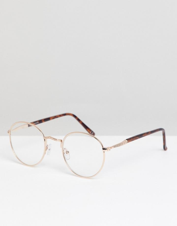 Asos Design Glasses In Tort With Gold Detailing & Clear Lens - Brown