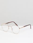 Asos Design Glasses In Tort With Gold Detailing & Clear Lens - Brown