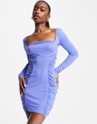 Asos Design Long Sleeve Cowl Neck Halter Ruched Mini Dress In Blue-blues