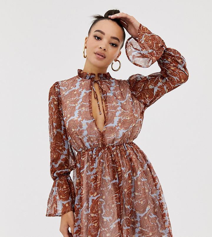 Missguided Tie Neck Chiffon Plunge Skater Dress In Multi - Multi