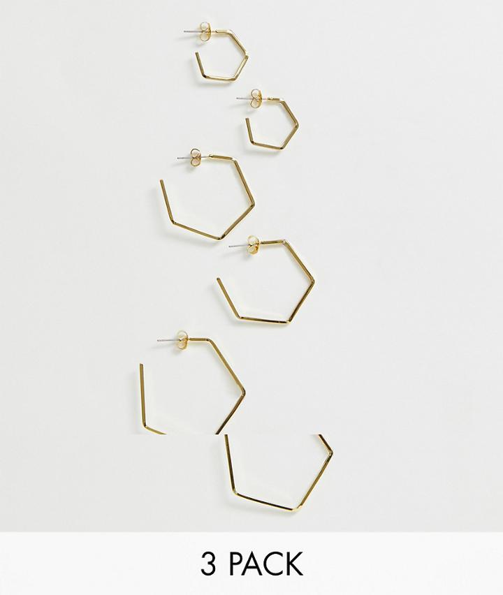 Pieces 3 Pack Hexagon Gold Hoops - Gold