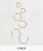 Pieces 3 Pack Hexagon Gold Hoops - Gold