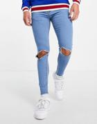 Asos Design Spray On Jeans With Power Stretch In Light Stone Wash With Open Knee Rips-blues