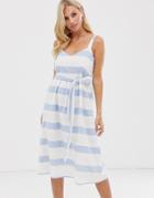 Esprit Tie Waist Linen Midi Cami Dress In Blue And White Stripe - Multi