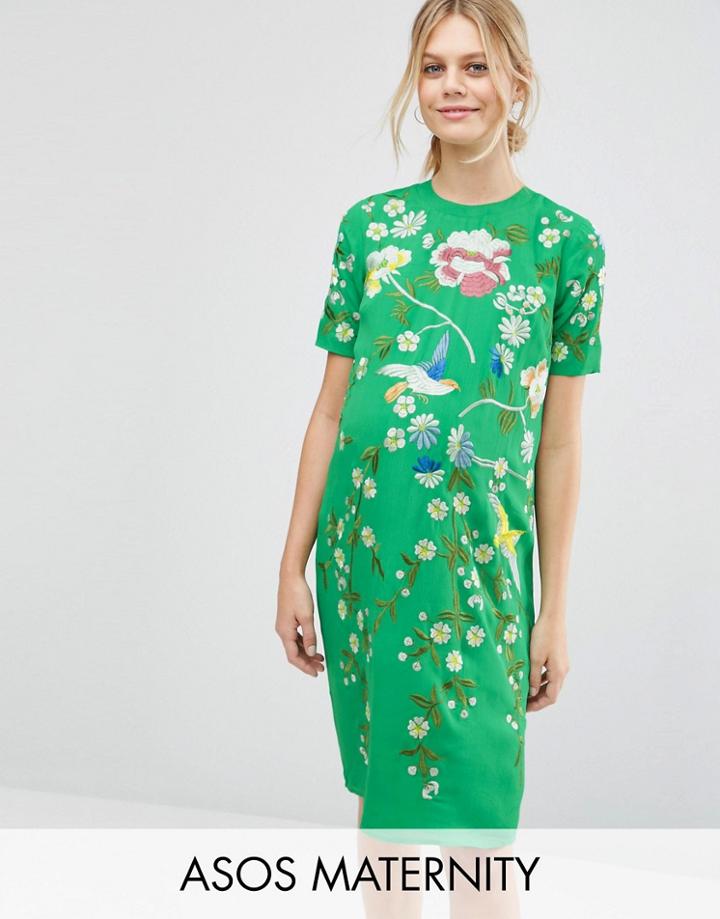 Asos Maternity Bird And Floral Embroidered Shift Dress - Green