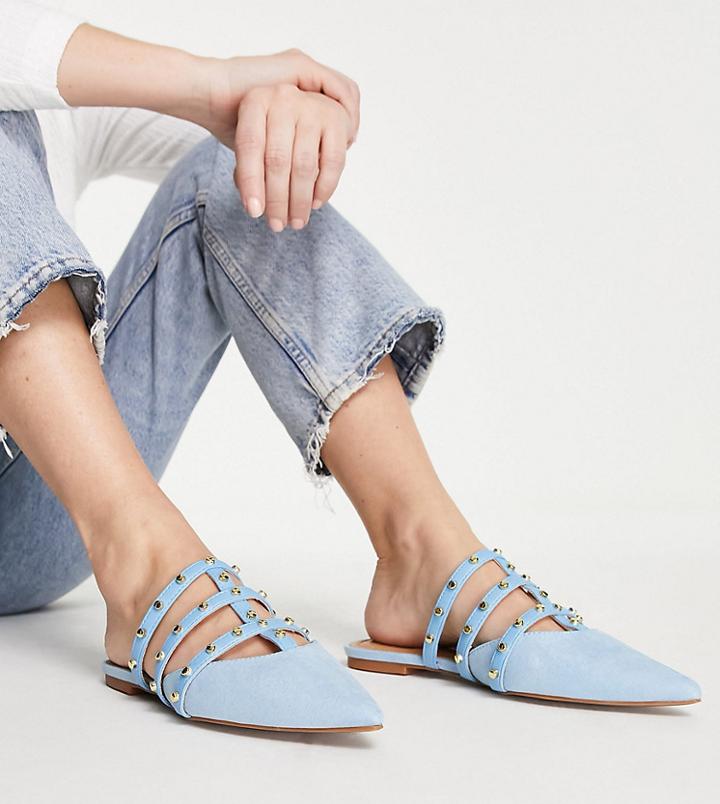 Asos Design Wide Fit Liquorish Studded Flat Mules In Blue