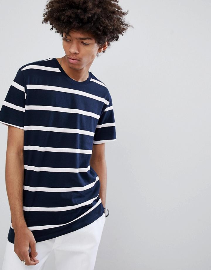 Bershka Stripe T-shirt In Navy And White - Black